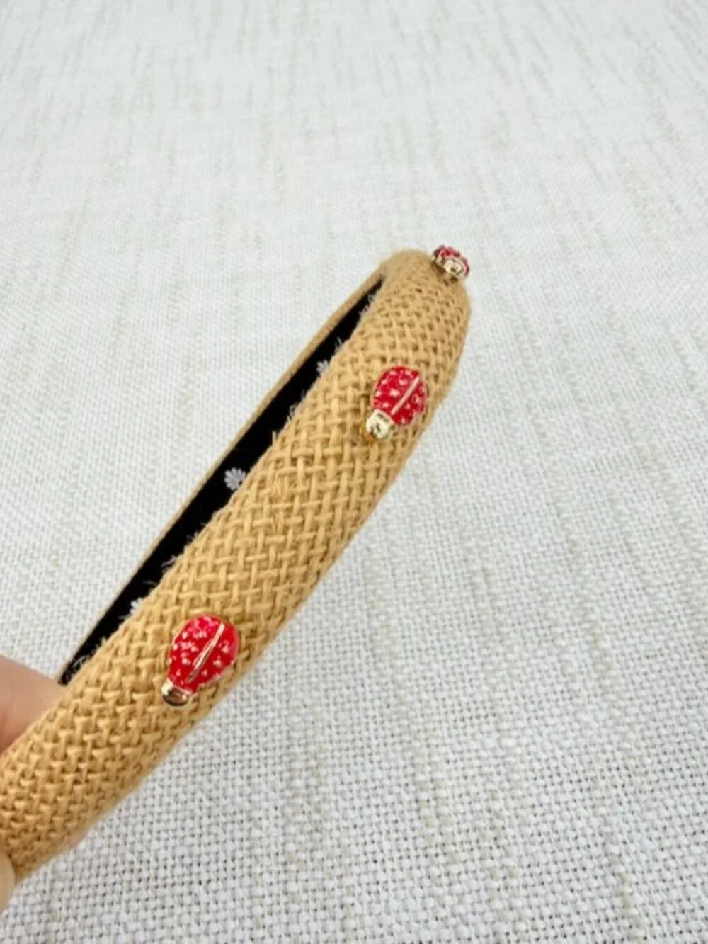 Lele Sadoughi Tan Raffia Gigi Headband Ladybug Charm EUC
